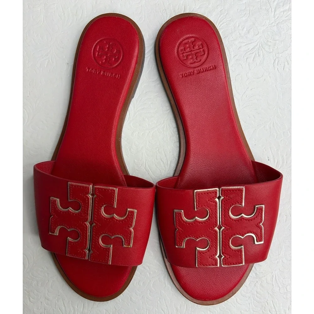 Tory Burch Ines‎ Slide Sandals Red Leather Gold Trim Logo Flats 6.5